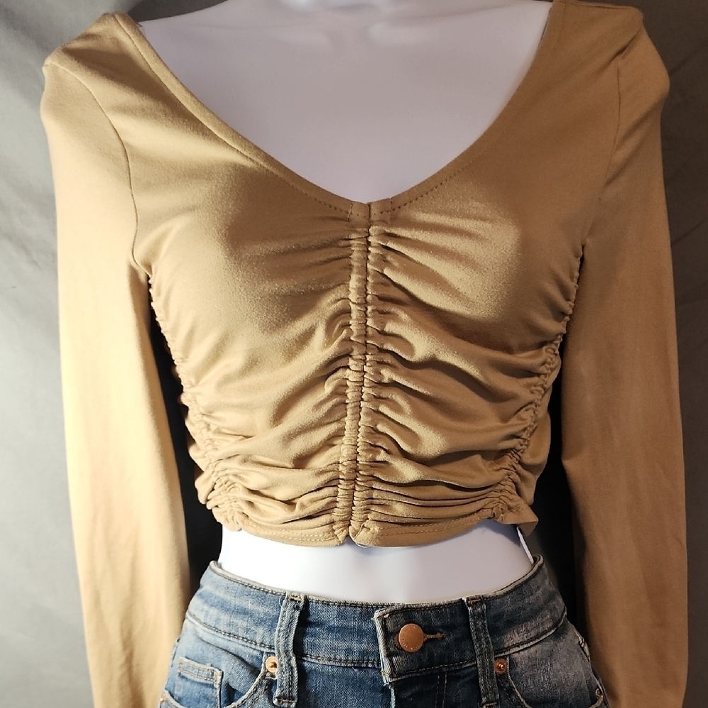 Tan Ruched Crop Blouse with Long Sleeves